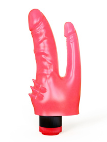 Двойной розовый вибромассажёр с шипами у основания - 20,5 см.