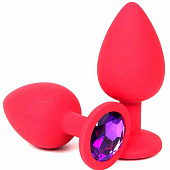 Красная силиконовая анальная пробка с фиолетовым стразом - 6,8 см.