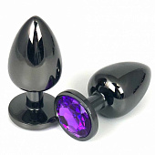 Черная металлическая анальная пробка с фиолетовым стразом - 7,5 см.