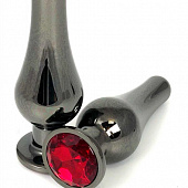 Черная удлиненная анальная пробка с красным кристаллом - 10 см.