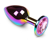 Радужная анальная пробка с розовым кристаллом - 7 см. фото в интим магазине Love Boat