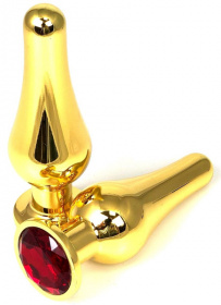 Золотистая удлиненная анальная пробка с красным кристаллом - 8 см. фото в интим магазине Love Boat