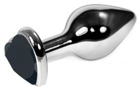 Серебристая анальная пробка с черным кристаллом-сердечком - 9 см. фото в интим магазине Love Boat
