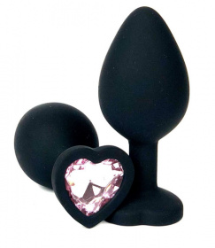 Черная силиконовая пробка с нежно-розовым кристаллом-сердцем - 8,5 см. фото в интим магазине Love Boat