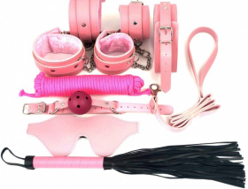 Набор БДСМ в розовом цвете: наручники, поножи, кляп, ошейник с поводком, маска, веревка, плеть фото в интим магазине Love Boat