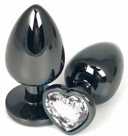 Черная металлическая анальная пробка с прозрачным стразом-сердечком - 7,5 см. фото в интим магазине Love Boat