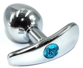 Серебристая анальная пробка для ношения из нержавеющей стали с голубым кристаллом - 8 см. фото в интим магазине Love Boat
