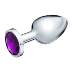 Серебристая металлическая анальная пробка с фиолетовым кристаллом - 8 см. фото в интим магазине Love Boat