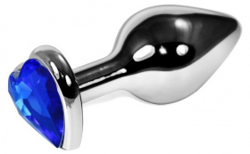 Серебристая анальная пробка с синим кристаллом-сердечком - 9 см. фото в интим магазине Love Boat