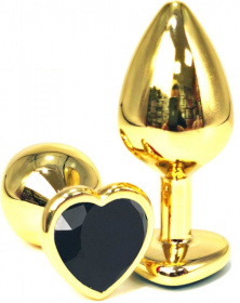 Золотистая анальная пробка с черным кристаллом-сердцем - 7 см. фото в интим магазине Love Boat
