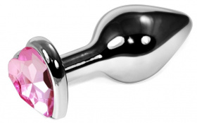Серебристая анальная пробка с нежно-розовым кристаллом-сердечком - 8 см. фото в интим магазине Love Boat