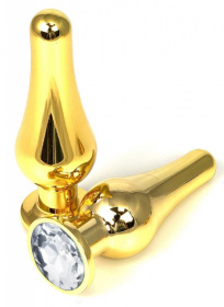 Золотистая удлиненная анальная пробка с прозрачным кристаллом - 10 см. фото в интим магазине Love Boat