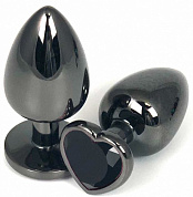Черная металлическая анальная пробка с черным стразом-сердечком - 7,5 см. фото в интим магазине Love Boat