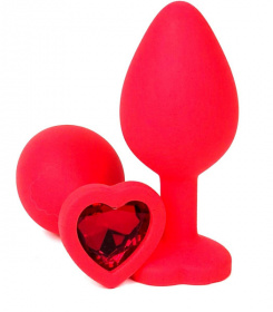 Красная силиконовая анальная пробка с красным стразом-сердцем - 8,5 см. фото в интим магазине Love Boat
